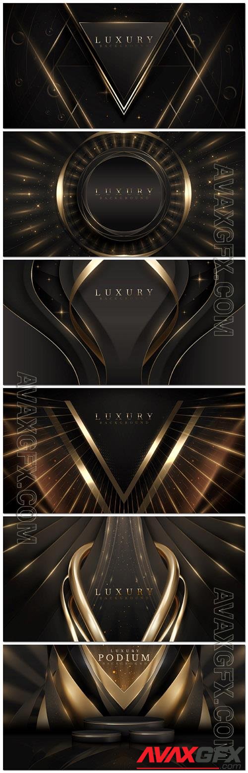 Vector black luxury background with golden line elements and bokeh