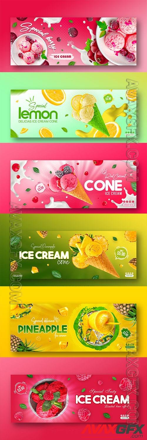 PSD chocolate, fruit and berry ice cream social media banner design template vol 1