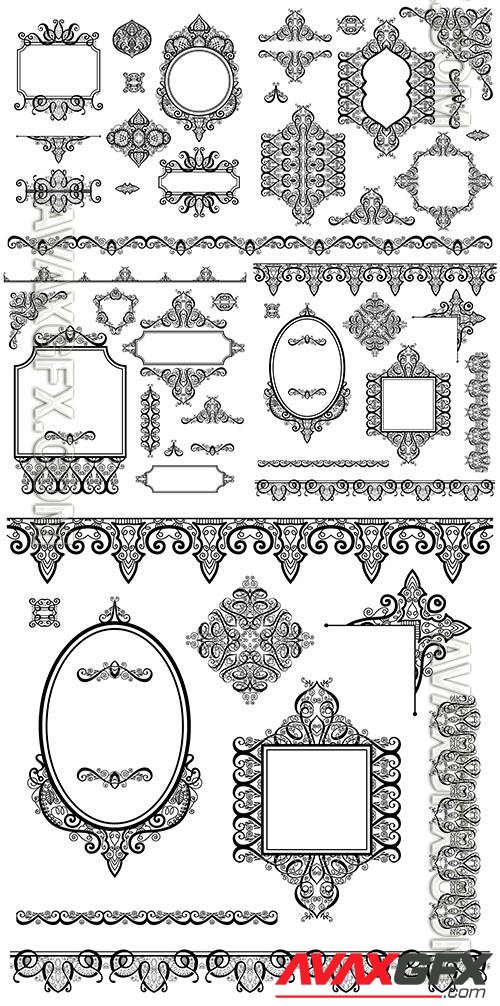 Vector set design elements and page decoration,  frames, divider, stripe pattern, angle collection, calligraphy vector illustration