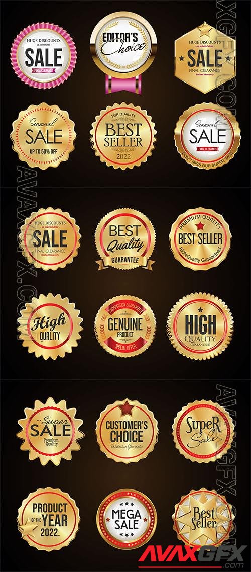 Vector collection of golden badges and labels on black background
