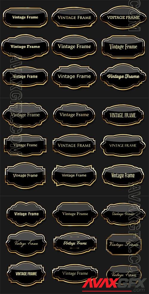 Vector collection of golden badges, vintage frame and labels retro style