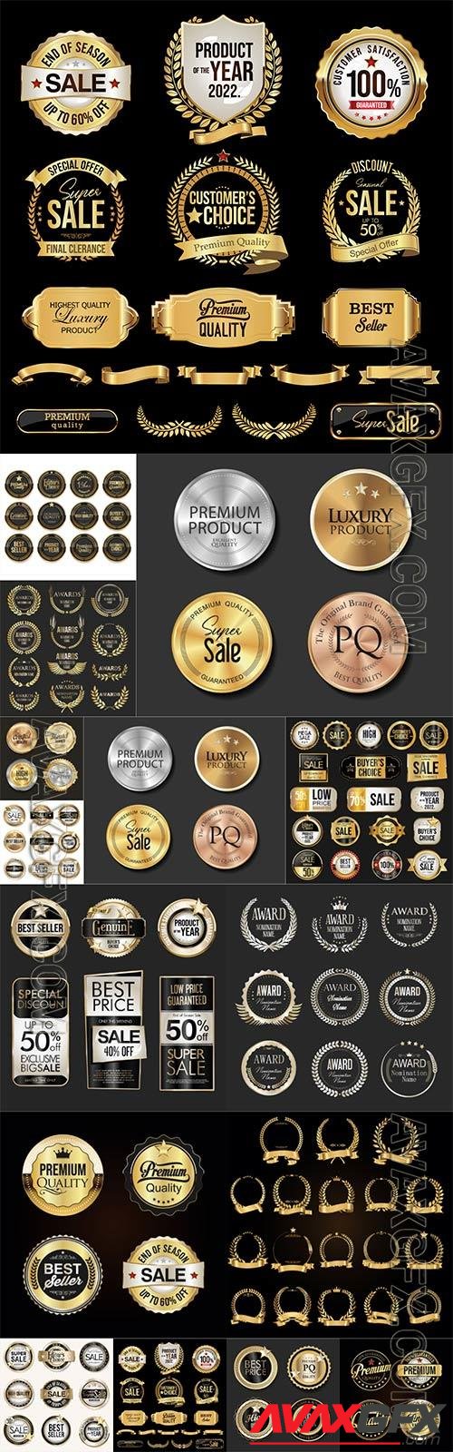 Golden badges, labels and laurels sale in vector