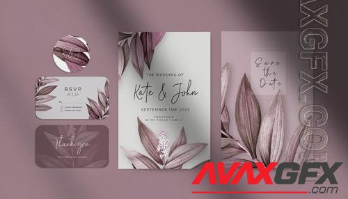 PSD beautiful wedding invitation stationery set decorated with leaves