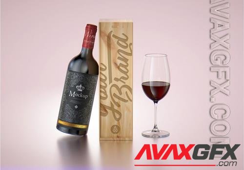 PSD wooden box and red wine bottle mockup