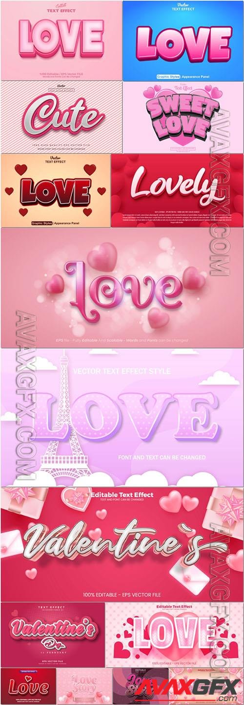 Vector 3d font style effect text happy valentine's day vol 1