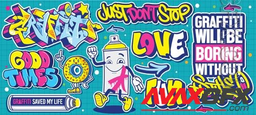 Vector a set of colorful or vibrant graffiti art sticker designs, street art urban theme vol 5