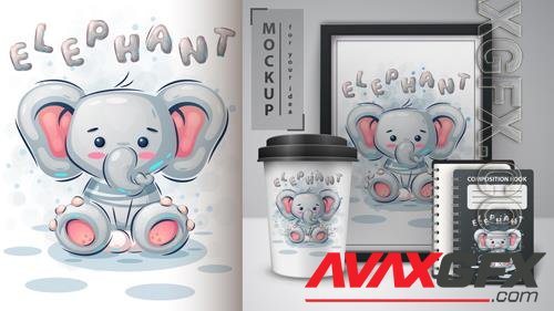 Vector cute elephant poster and merchandising
