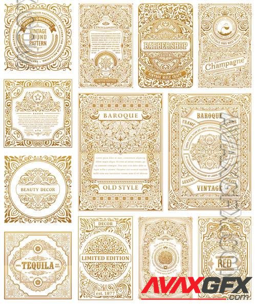 Vector vintage golden set cards calligraphic frames design labels