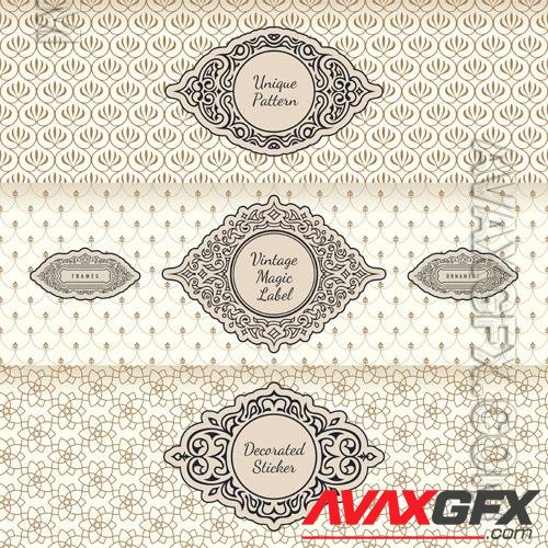 Vector design labels and horizontal frames packaging on seamless background vintage ornament