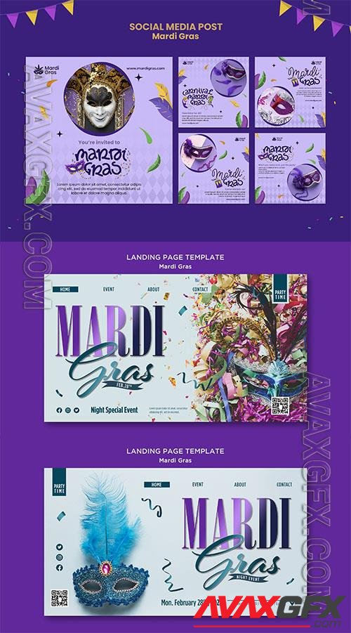 PSD landing page template for mardi gras with carnival mask