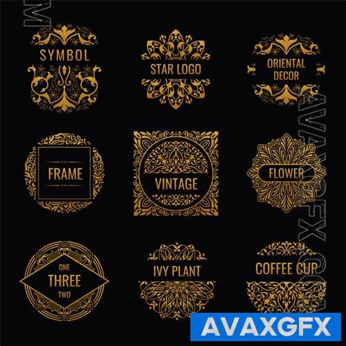 Vector golden eastern logos and vintage floral labels calligraphic luxury design