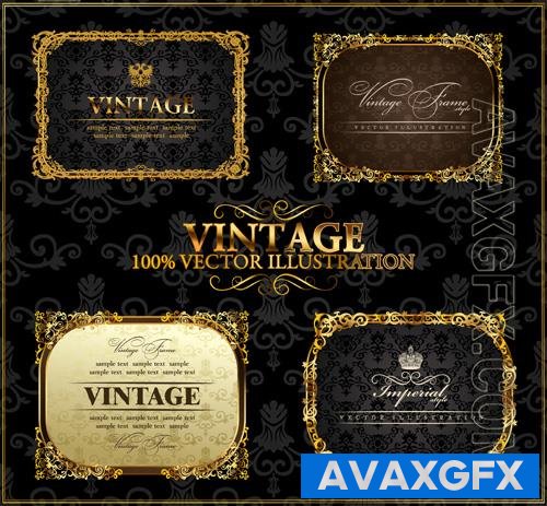 Vector vintage gold frames and decor labels on black background