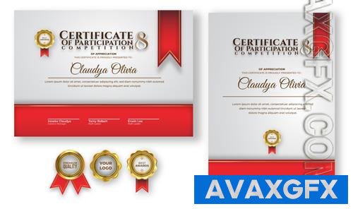 Vector certificate of achievement template with portrait and landscape design and gold badge