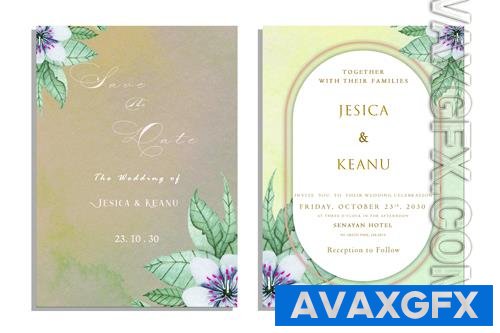 PSD luxury wedding invitation card background with golden line art flower and botanical leaves