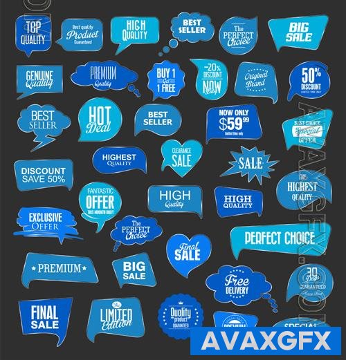 Vector blue sale stickers on black background illustration collection