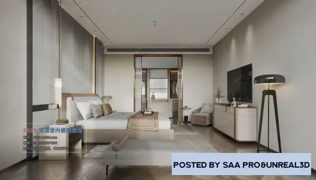 Interior Scenes Bedroom with walk-in closet in white and beige tones