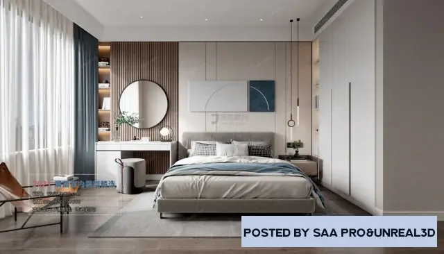 Interior Scenes Gray-blue and pale brown in a minimalist bedroom