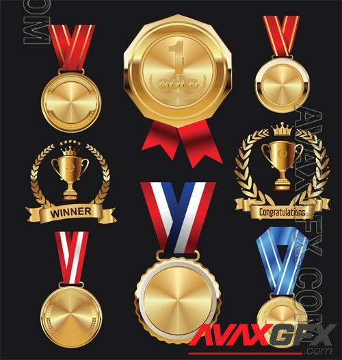Vector champion golden medal with red and blue ribbon icon sign first place