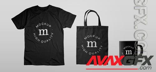 PSD pack of black tshirt tote bag and mug mockup