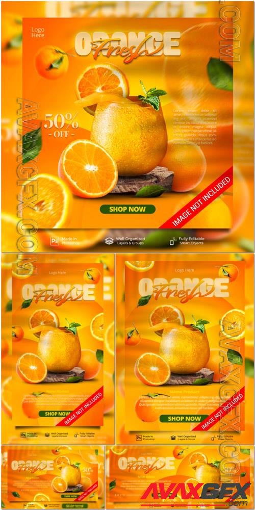 PSD fresh orange juice summer drink menu for promo social media instagram post website banner template