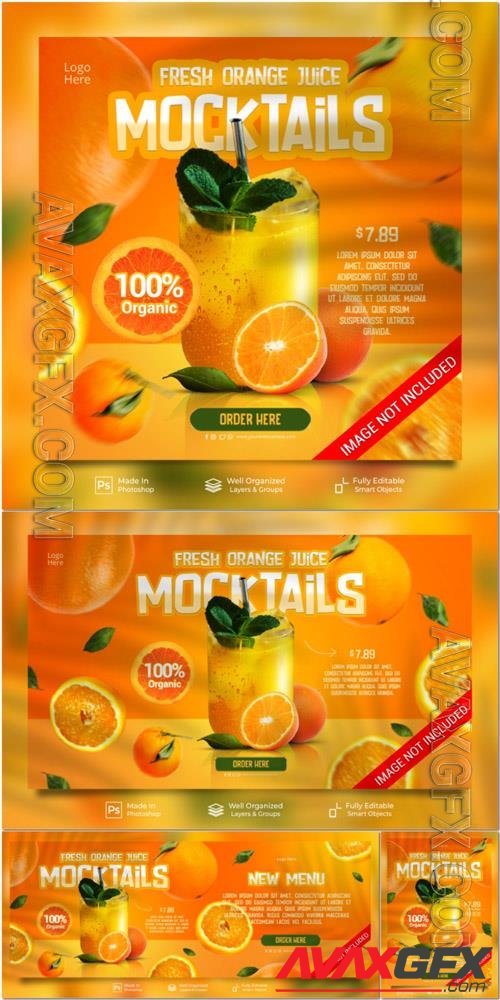 PSD fresh fruit orange juice healthy summer drink for promotion social media post feed banner template