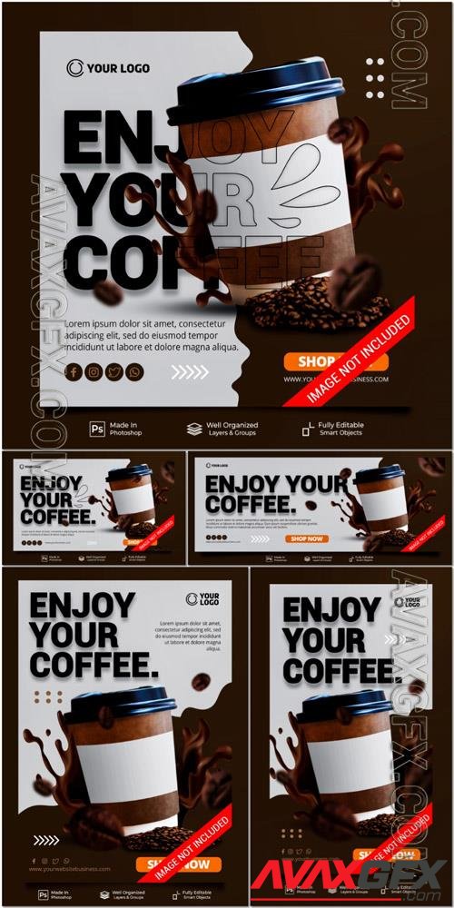 PSD enjoy your coffee new menu special coffee drink cafe restaurant for promotion poster banner template