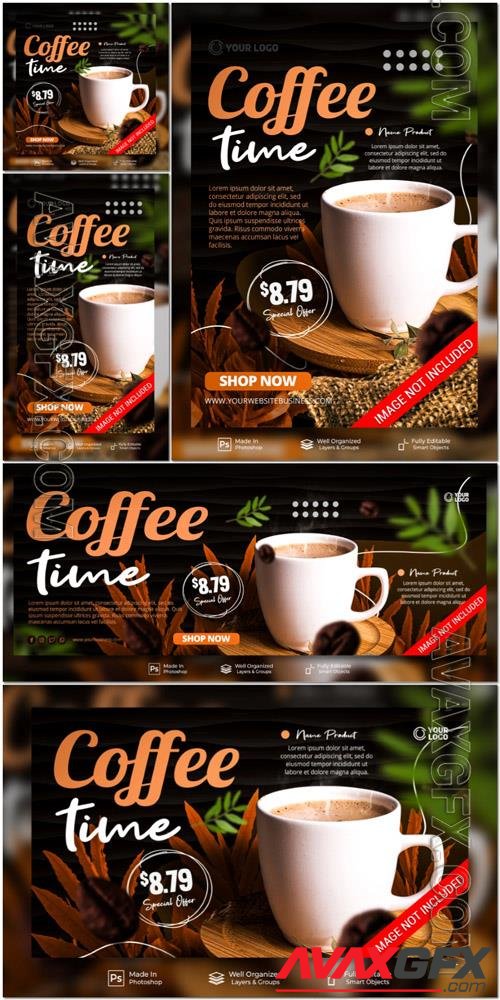 PSD coffee time best coffee menu in town for promotion social media instagram post stories banner template