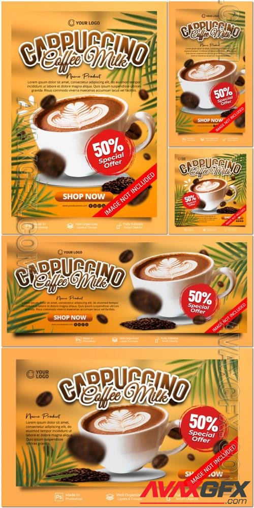 PSD cappuccino coffee milk special drink with decoration social media post webiste banner template