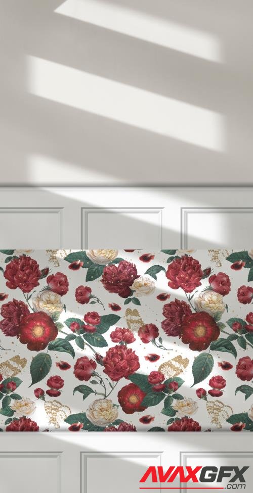 Adobestock - Red Roses Pattern Wallpaper Mockup 434372157