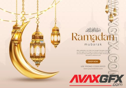 PSD 3d ramadan kareem social media banner template with crescent and islamic lanterns
