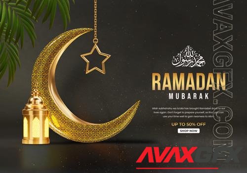 PSD 3d ramadan kareem social banner template with crescent and islamic lantern