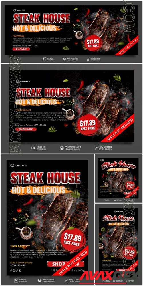 PSD steak house hot and delicious menu restaurant promotion poster banner template