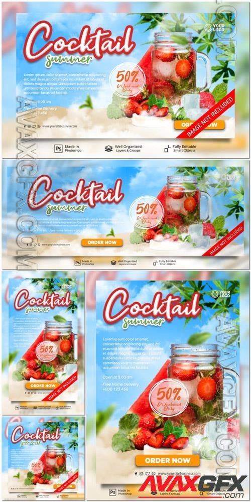 PSD fresh cocktails summer new drink menu restaurant social media post website banner template