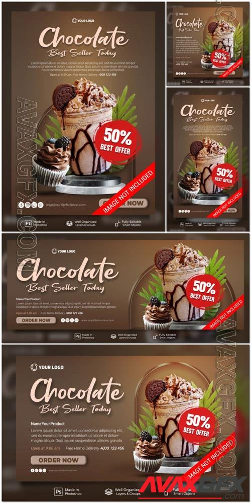 PSD chocolate and cake best seller today menu cafe social media post website banner template