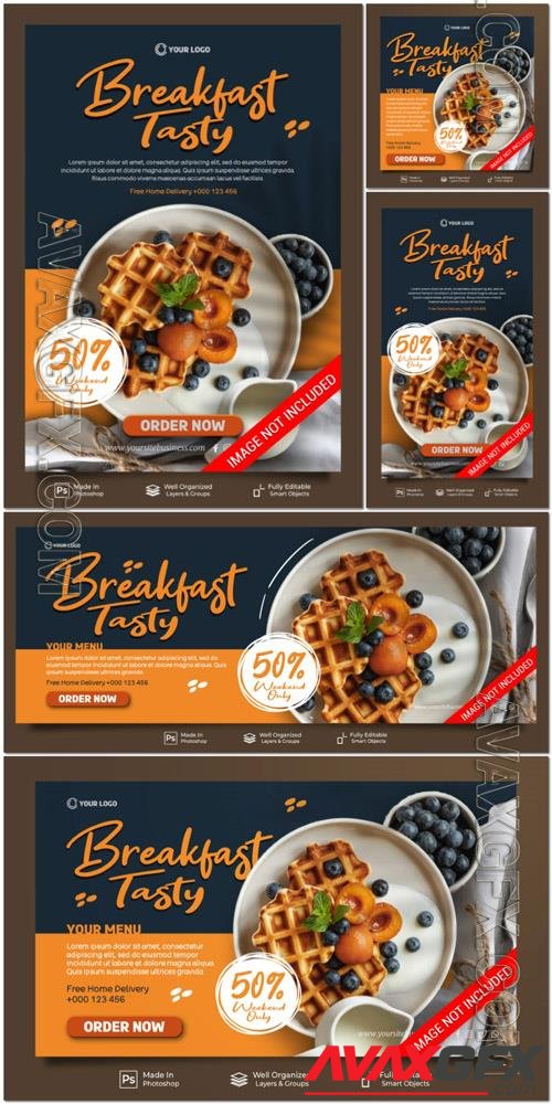 PSD breakfast food dessert tasty menu restaurant social media post website banner template