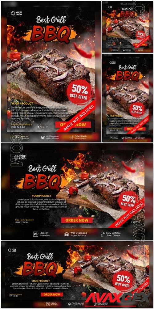PSD best grill bbq menu restaurant promotion social media post website banner template