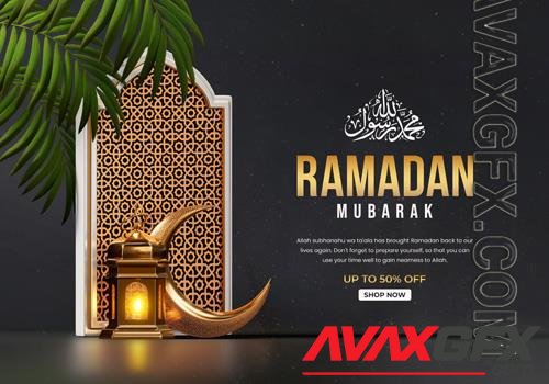 PSD ramadan kareem islamic design banner template with 3d mosque and islamic ornaments