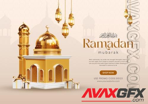 PSD ramadan kareem banner template with cute 3d podium mosque and islamic ornaments