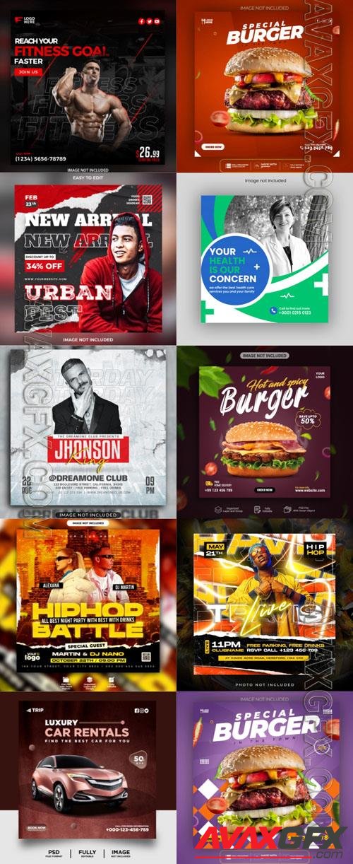 Psd flyer club, party, burger, sport, social media post, psd banner set vol 74