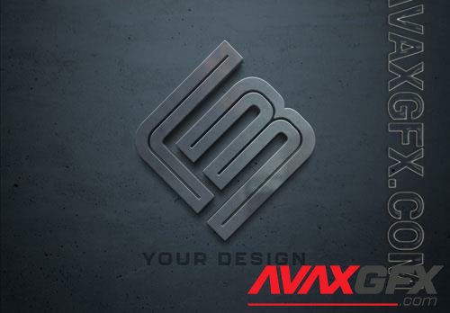 PSD metal logo with 3d effect on dark wall mockup