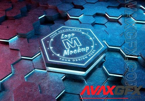 PSD logo on futuristic hexagon pedestal mockup