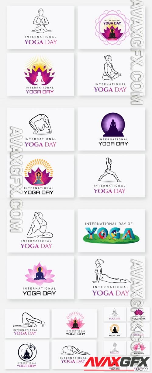 Vector international yoga day logo collection with woman yoga pose and lord buddha