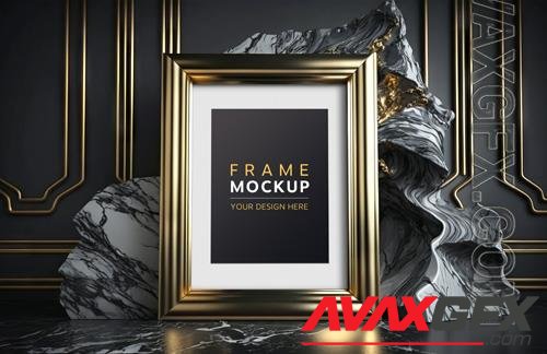 PSD gold frame on black marble stone interior mockup