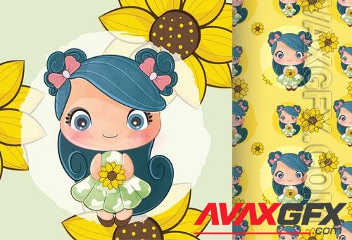 Vector cute little girl with sun flowers, seamless patterns