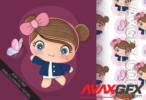 Vector cute little girl with butterfly, seamless patterns