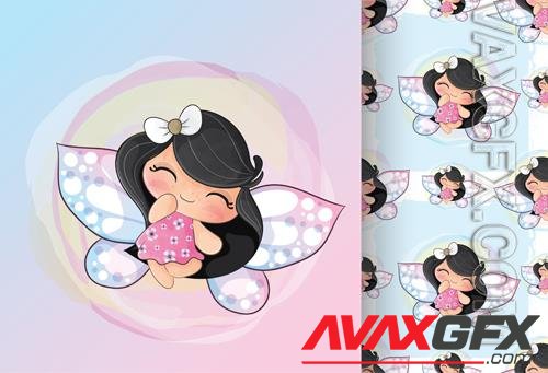 Vector cute little angel girl, seamless patterns