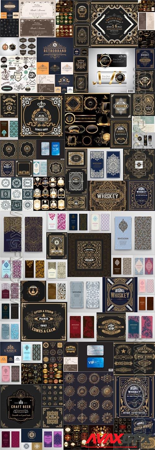 Design elements, ornaments, patterns, labels, business cards, stickers, badges - 100 vector collection