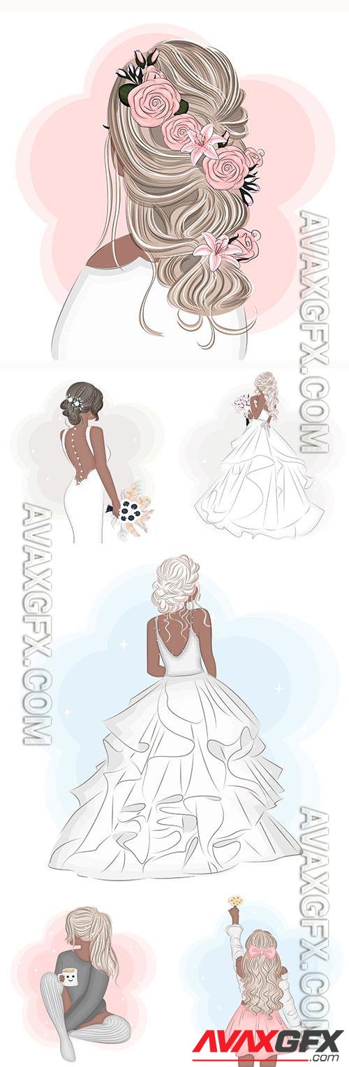 Vector girl stylish, bride in wedding dress