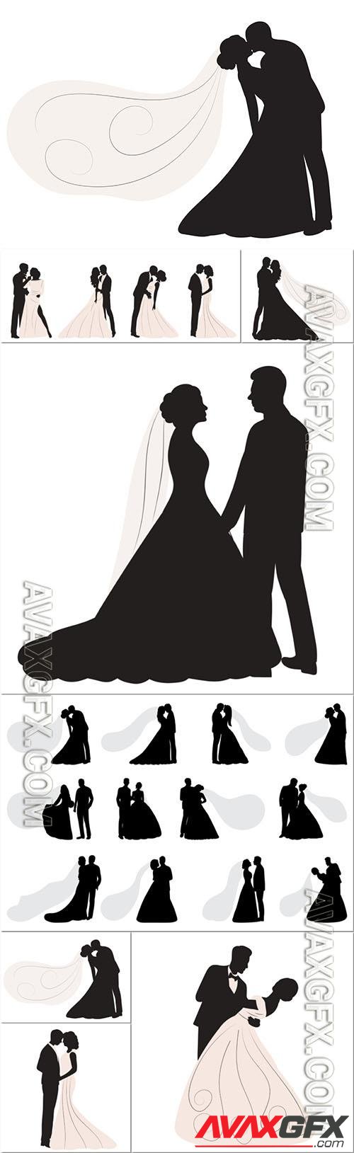 Bride and groom silhouette design watercolor vector