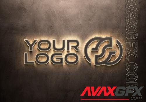 PSD neon logo on concrete wall with 3d metal effect mockup